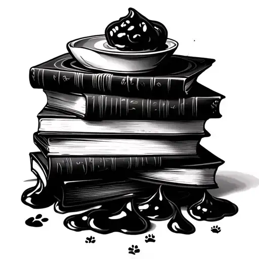 A tattoo of a stack of books with cooking and baking themes, adorned with paw prints and the scent of fresh wet mud tattoo design idea