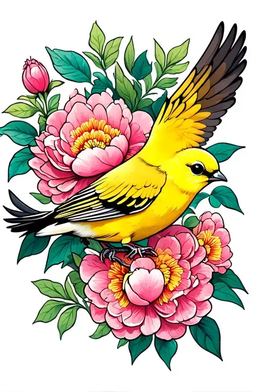 yellow canary bird flying carrying peony flower tattoo tattoo design idea