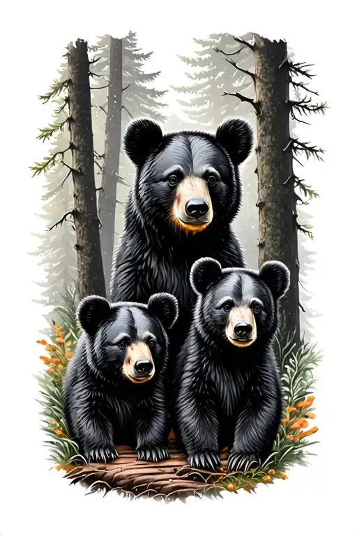 2 black bear cubs in a forest tattoo design idea