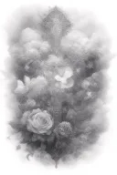 Clouds and White stars and doves and  a rose and a Catholic Cross with 08/08/2007 in roman numerals tattoo design idea