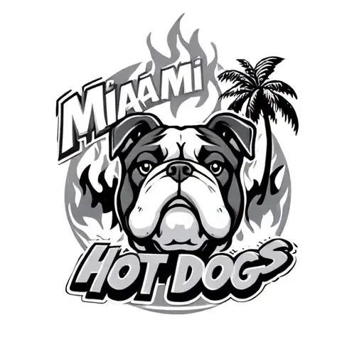 "Miami Hot Dogs" cartoon  bulldog face and fire and palm tree tattoo design idea
