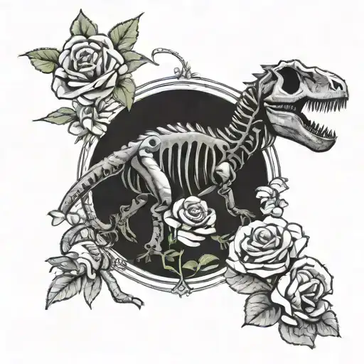 Skeleton Dinosaur tyrasonaur rex with roses blooming tattoo design idea