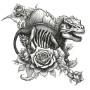 Skeleton Dinosaur tyrasonaur rex with roses blooming tattoo design idea