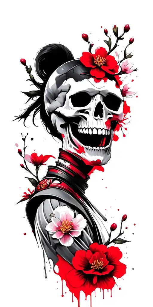 Samurai Skull surrounded by Cherry Blossoms tattoo design idea
