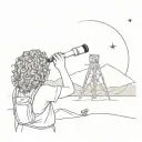 stargazing in atacama desert landscape filled. Girl with curly hair and telescope pointed upward  tattoo design idea
