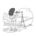 stargazing in atacama desert landscape filled. Girl with curly hair and telescope pointed upward  tattoo design idea