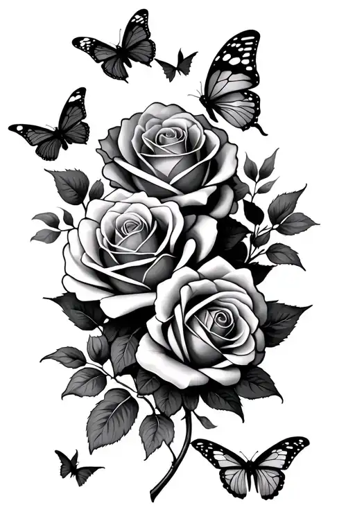 roses, butterflies fluttering tattoo design idea