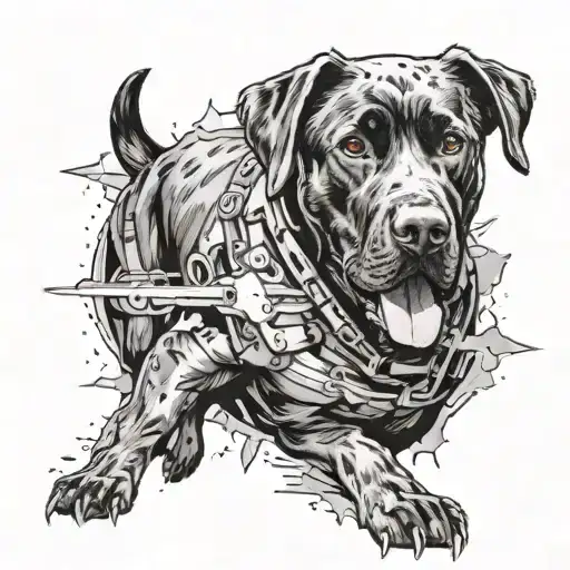 replace John McClane's face with that of a black Labrador retriever in the iconic image of McClane crawling through duct tattoo design idea