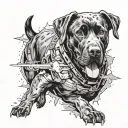 replace John McClane's face with that of a black Labrador retriever in the iconic image of McClane crawling through duct tattoo design idea