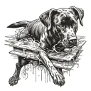 replace John McClane's face with that of a black Labrador retriever in the iconic image of McClane crawling through duct tattoo design idea