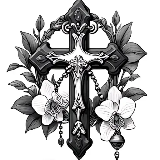 Catholic cross, Rosary wrapped, Orchid surrounded tattoo design idea