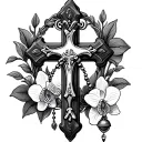 Catholic cross, Rosary wrapped, Orchid surrounded tattoo design idea