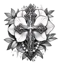 Catholic cross, Rosary wrapped, Orchid surrounded tattoo design idea