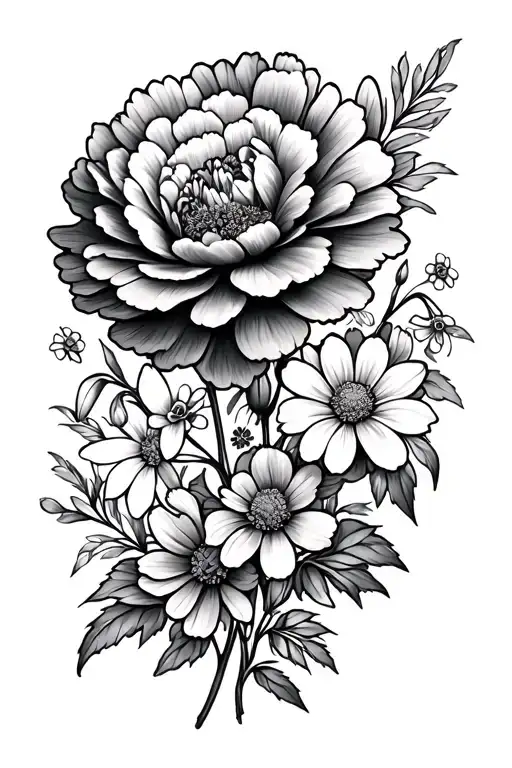 floral leg piece, large carnation, large marigold, smaller snowdrops and cosmos, foliage tattoo design idea