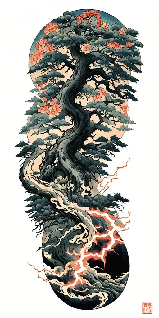 rume and tree and lightning tattoo design idea