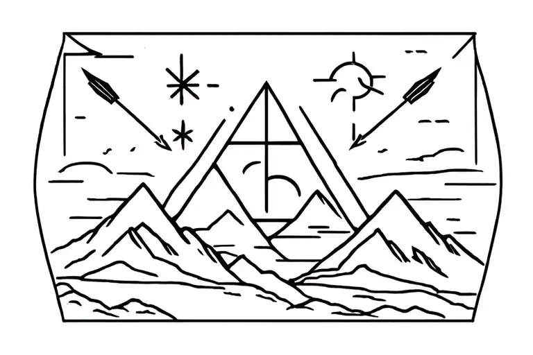 Libra zodiac sign, mountains, sunset, air, faith, arrows, and sky tattoo design idea