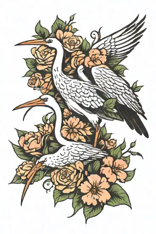stork bird and flower tattoo design idea