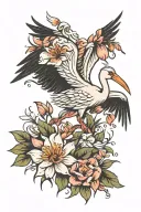 stork bird and flower tattoo design idea