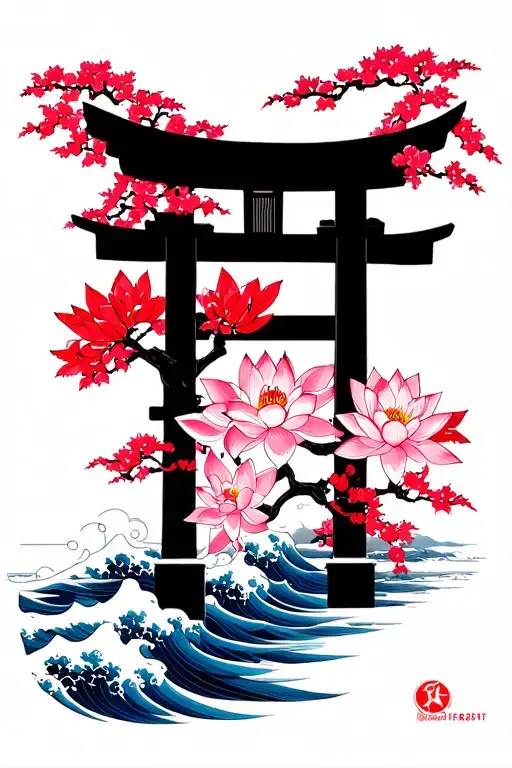 sakura tree lotus flowers japanese tree torii gate waves red blue black tattoo design idea