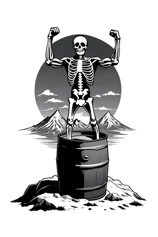 a man that's a skeleton with both his fists in the air, standing on top of a beer keg facing into the subset mountains tattoo design idea