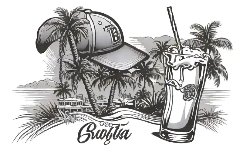 glass of alcoholic beverage, casino, palm tree, chicago bulls baseball cap, shape of the island of palma de mallorca tattoo design idea