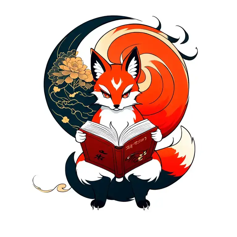 nine tailed fox reading a book tattoo design idea