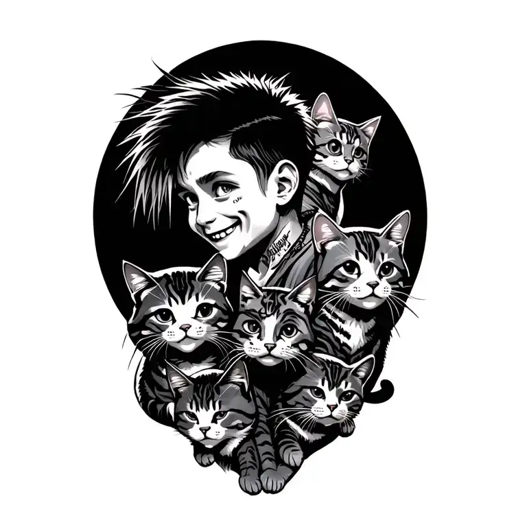happy punk rock boy with gang of cats tattoo design idea