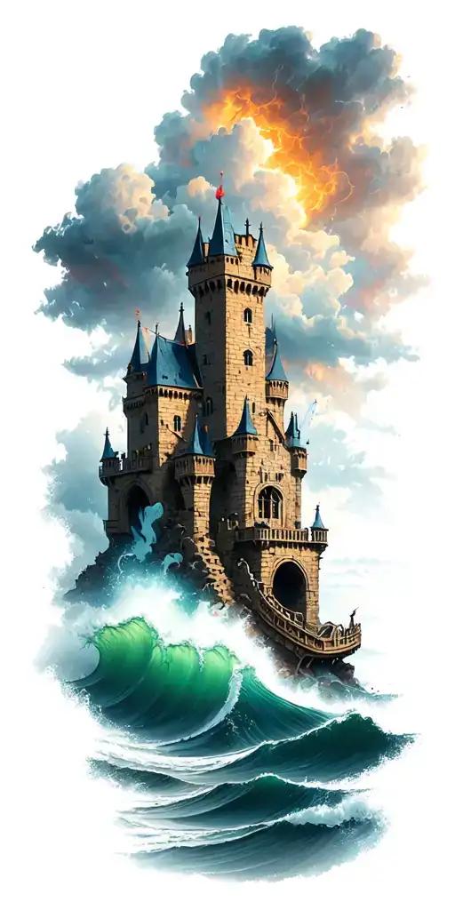 castle crumbling into a raging sea with a storm above  tattoo design idea