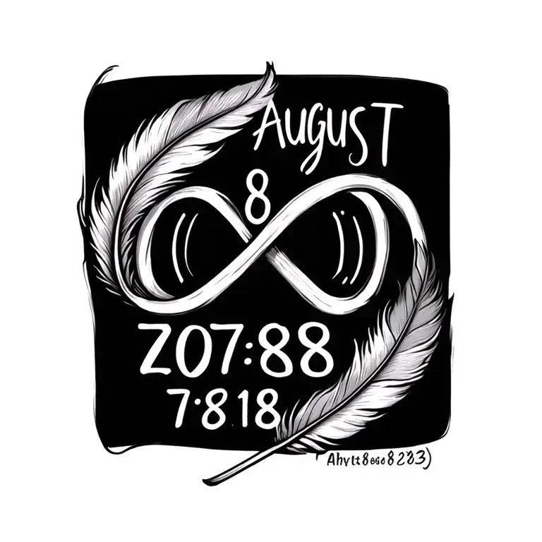 "August 8,207:18" infinity symbol feather 7:18 8/8/23 tattoo design idea