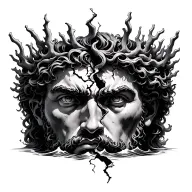 Poseidon’s face split with stormy sea on one side and calm waters on the other, coral crown cracking tattoo design idea