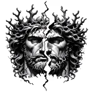 Poseidon’s face split with stormy sea on one side and calm waters on the other, coral crown cracking tattoo design idea