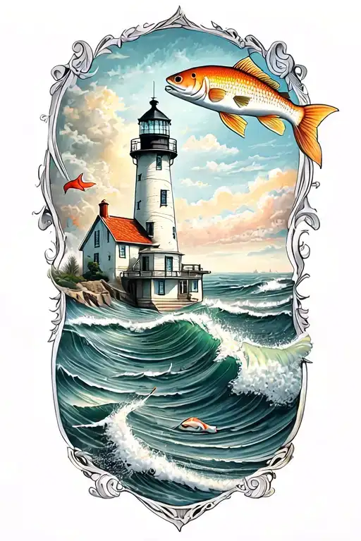 Ocean with light house and salt water fish tattoo design idea