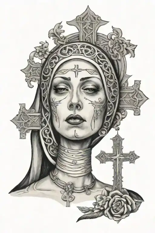 Holy beautyful Nun with a Cross on her holy face tattoo design idea