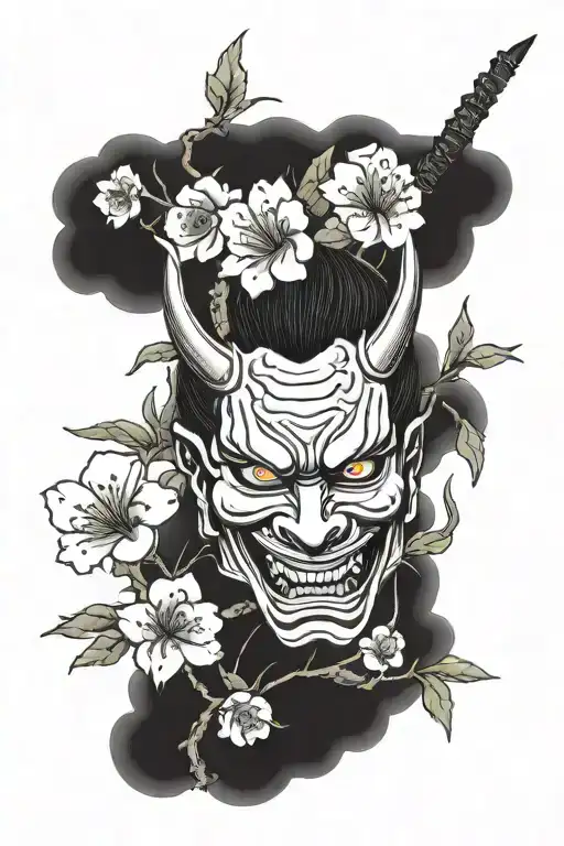 hannya mask, samurai, Japanese cherry blossom tree, japanese temple tattoo design idea