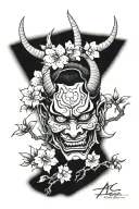 hannya mask, samurai, Japanese cherry blossom tree, japanese temple tattoo design idea