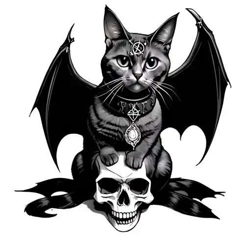 gothic cat with black eyes and pentagram engraved into forehead ,fangs ,bat wings collar,sat on a skull realistic tattoo design idea