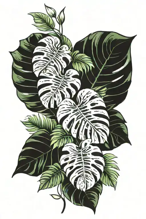 girlfriends name intertwined with monstera leaves tattoo design idea
