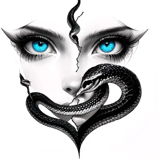 demon girl half face buitiful blue eyes snake broken heart tattoo design idea