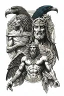 Thoth in the back looking left Hermes onthe right looking right and Jesus Christ in the middle looking up tattoo design idea