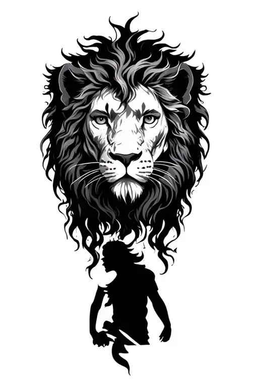 boy in the middle of the forest with a shadow lion triskelion tattoo design idea