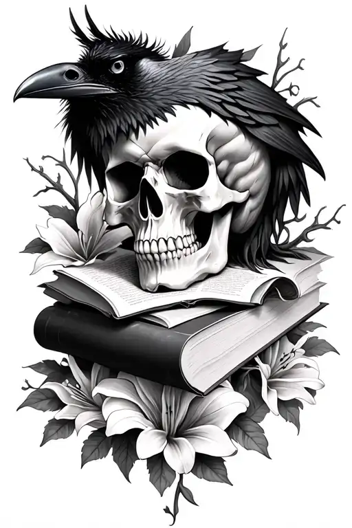 skull,raven, books, gothic, thorn vines, lillies, black and gray  tattoo design idea