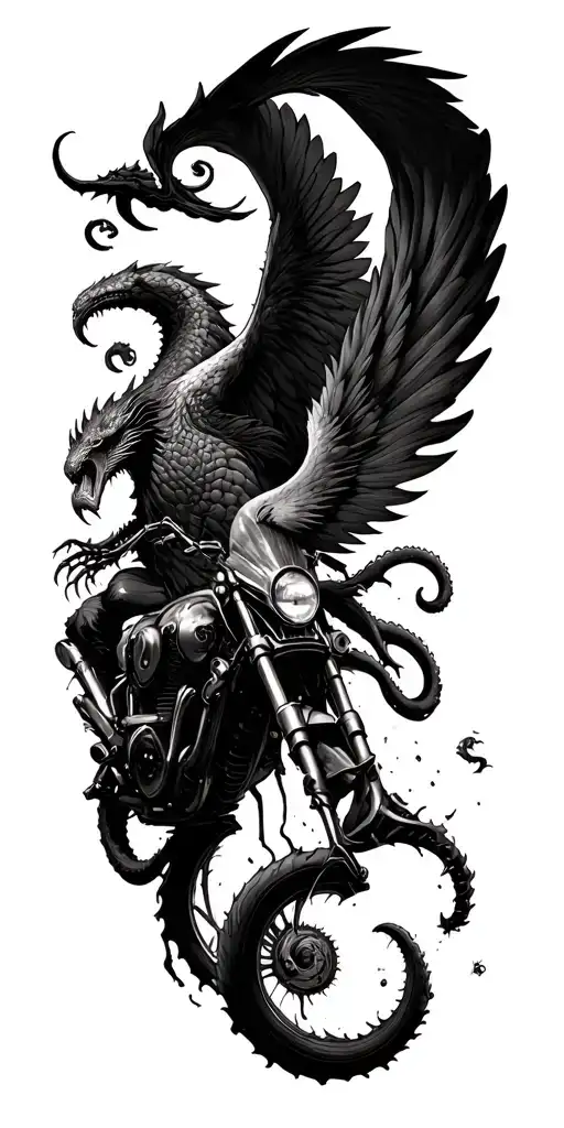 kraken attacking and phoenix rising and motorcyle crashed tattoo design idea