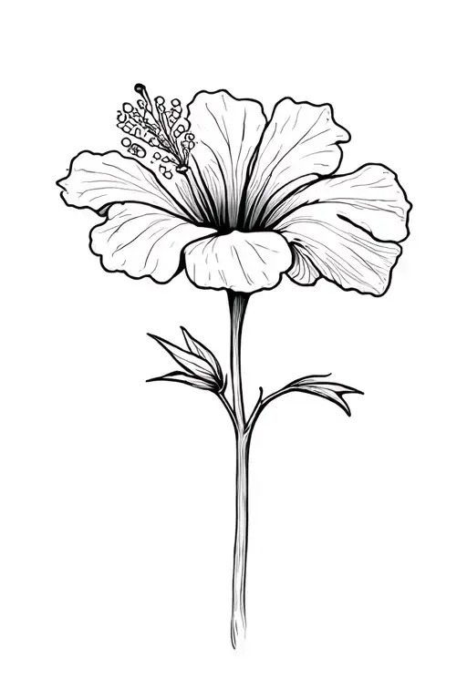 a single delicate hibiscus flower with a medium stem two small leaves fine line drawing tattoo design idea