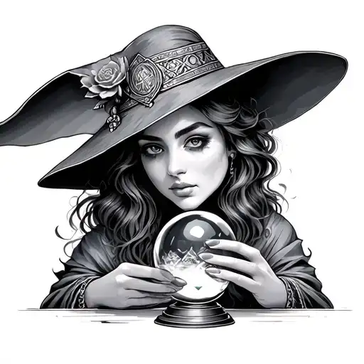 fortune teller looking into a crystal ball tattoo design idea