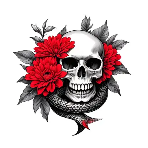 Skull, and snake with red chrysanthemum flower tattoo design idea
