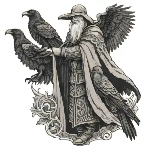 Odin in cloak with his ravens Huginn and Muninn tattoo design idea
