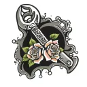 wrench crossed with roses tattoo design idea