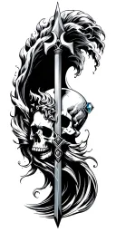 Poseidon, Poseidons' spear, wave, diamond, piston, spanner, skull, tattoo design idea
