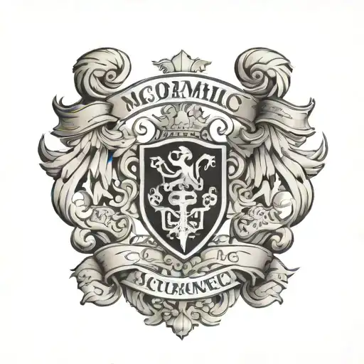 McCormick family crest with sin timore banner above and McCormick banner below tattoo design idea