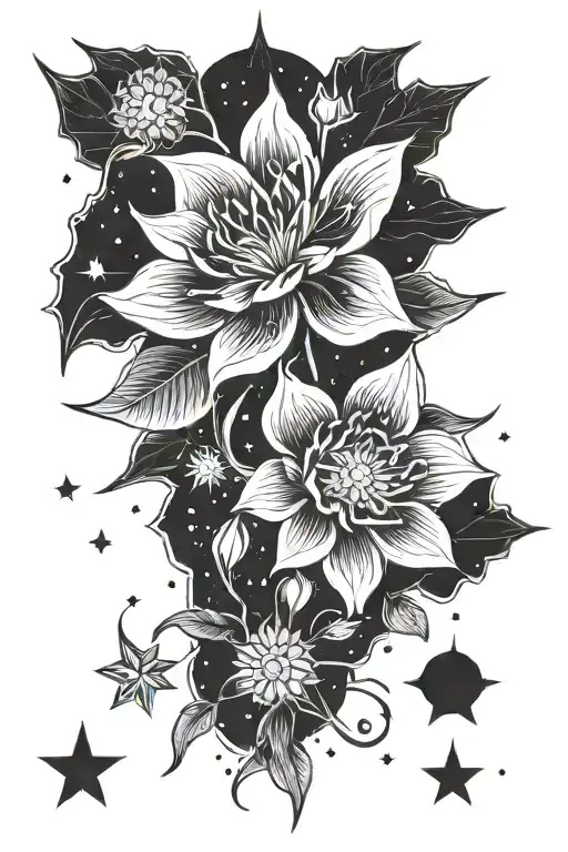 Cataleya Flower, North star filled sky, northern lights background tattoo design idea